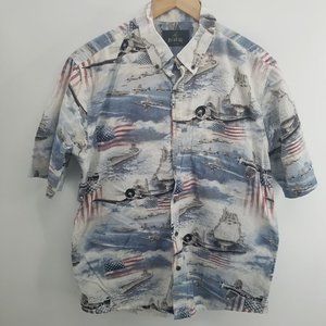 Red Head mens short sleeve button up fighter planes flags shirt L
